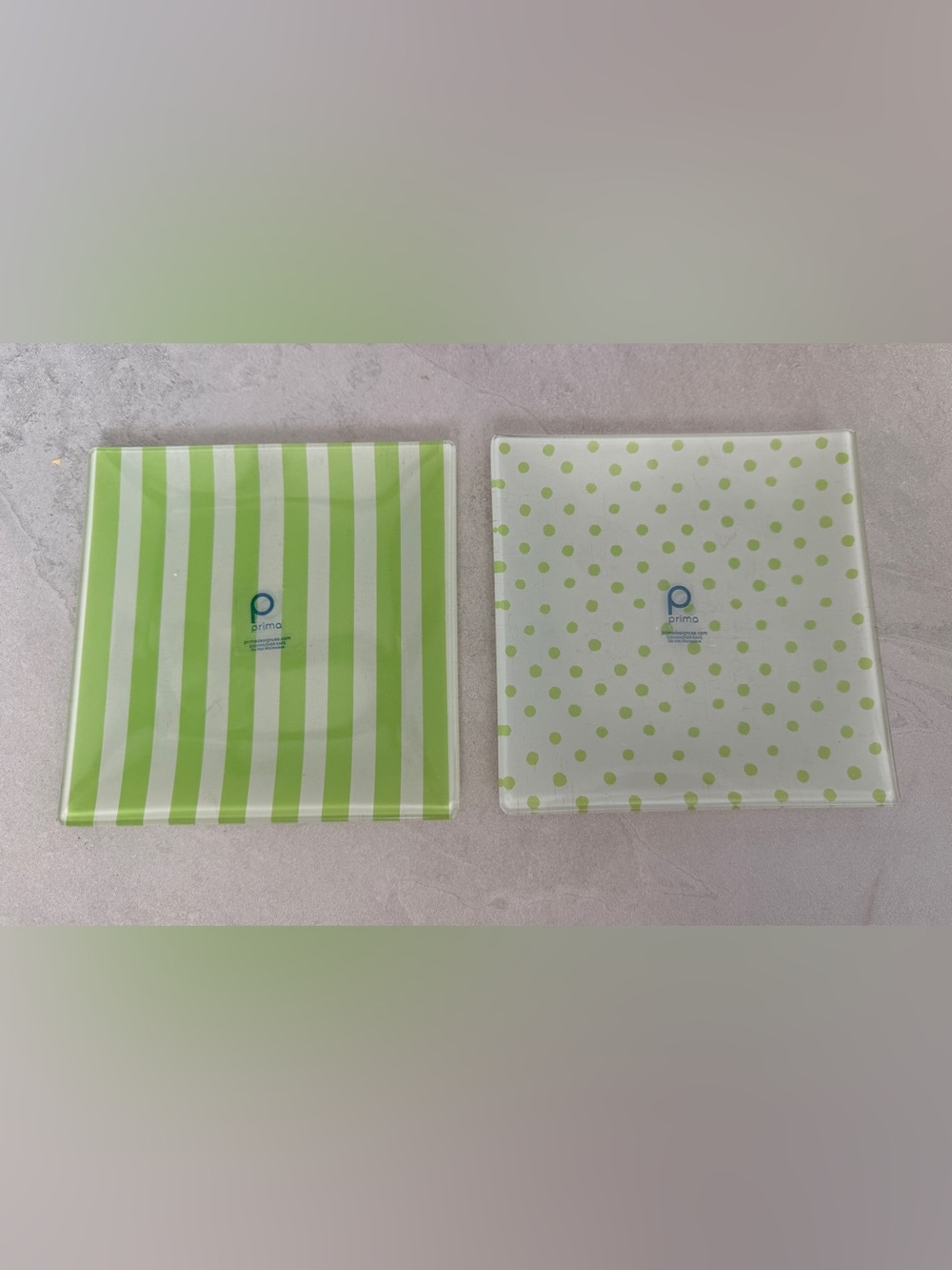 Prima Designs Glass Trays - Green & White - Stripe & Dot Pattern 6x6 Set of 2